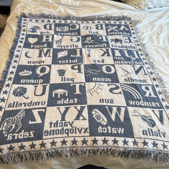 Vintage Blue/White Cotton Alphabet Tapestry Blanket Baby Toddler Nursery Decor - Picture 6 of 6